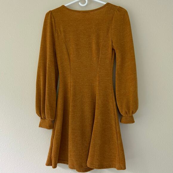 Everly long skater mini dress sleeve puff balloon sleeve fall  mustard yellow S - Picture 7 of 9